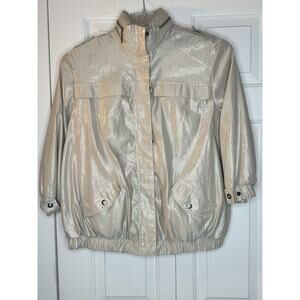 Chico's Metallic‎ Shimmer Utility Jacket Womens Sz 2 (L) Champagne Hooded Hidden